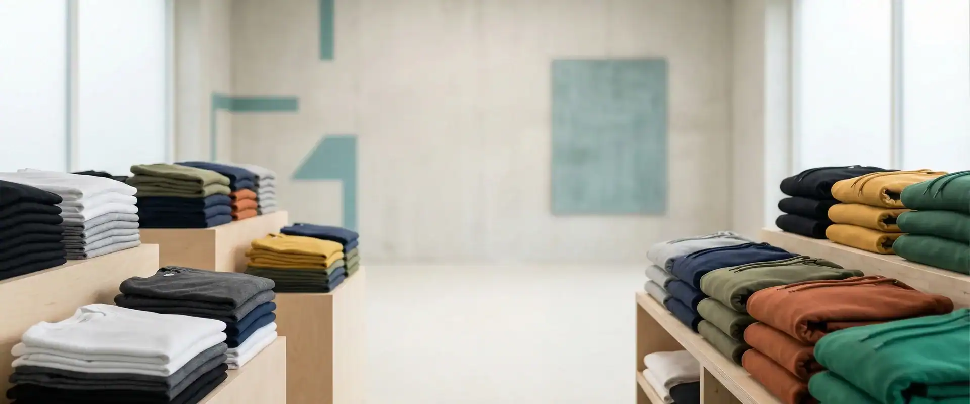 Stacked blank t-shirts in various colors for custom printing