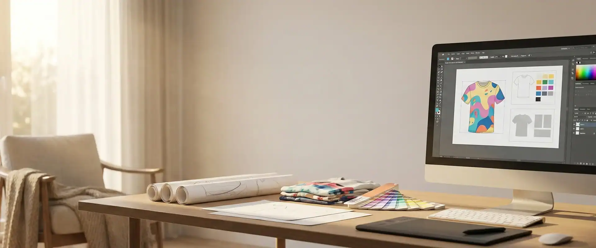 Creative design workspace with computer showing t-shirt mockup