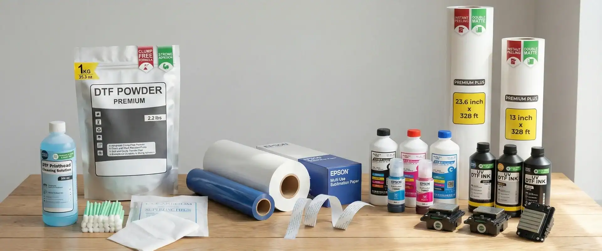 Printing supplies arrangement with ink bottles, powder, and films