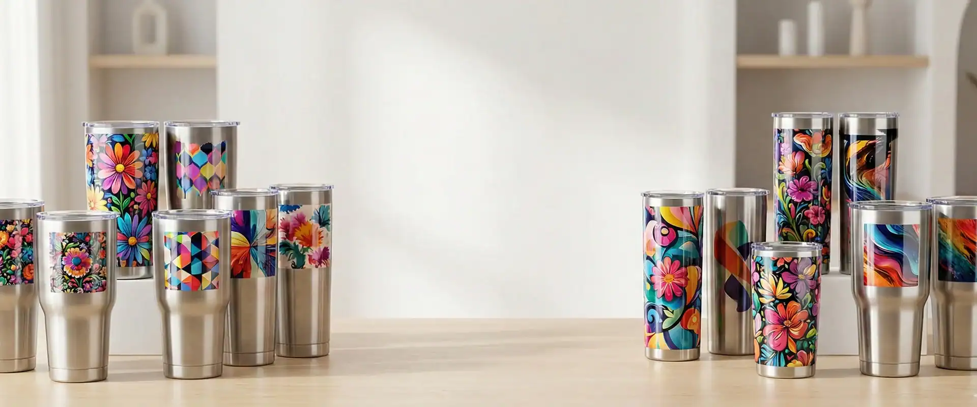 Custom UV-DTF tumblers showcasing vibrant peel-and-stick designs