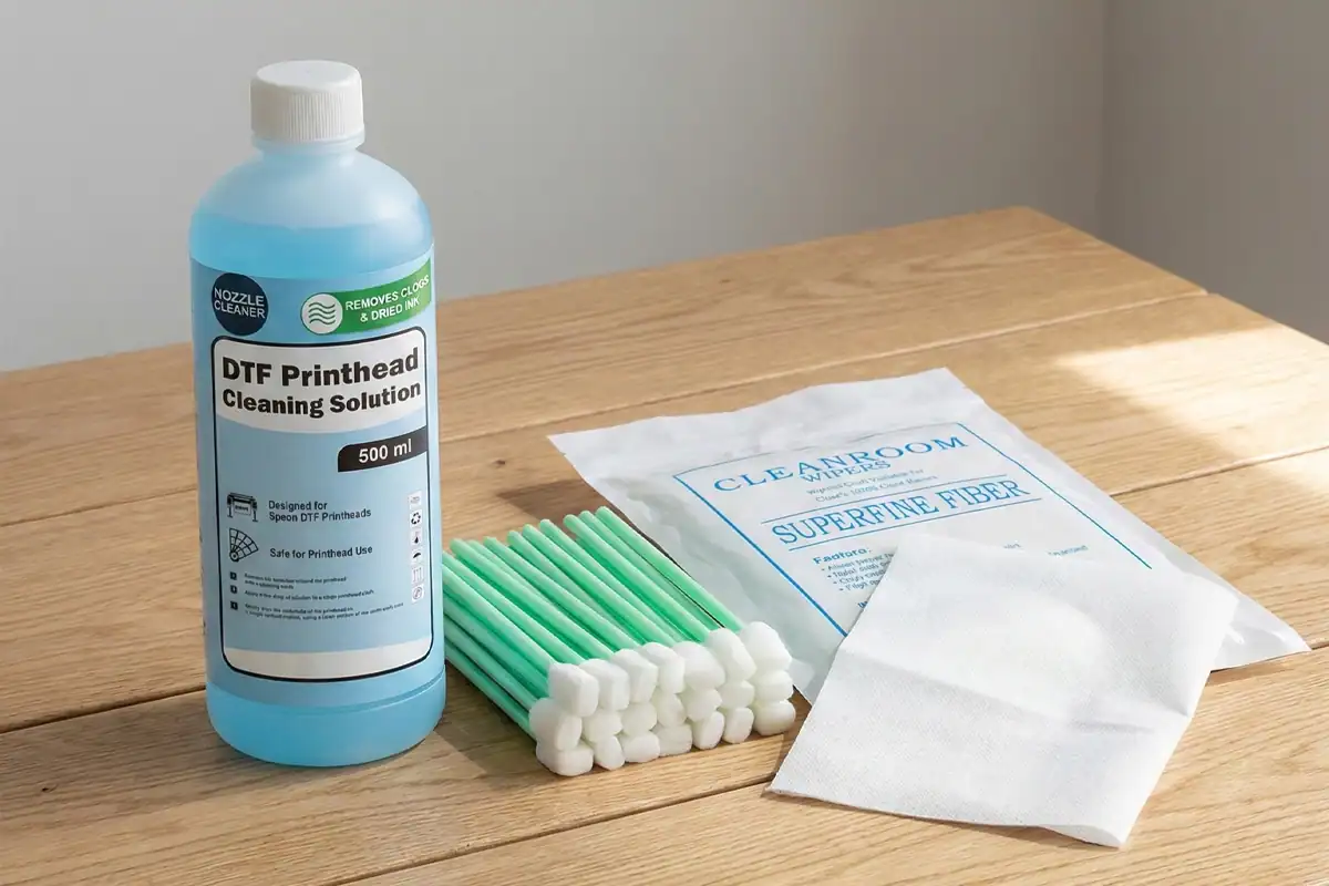 DTF cleaning solution, swabs, and wipes
