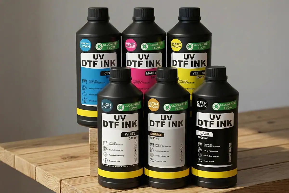 CMYK plus White plus Varnish UV-DTF ink bottles
