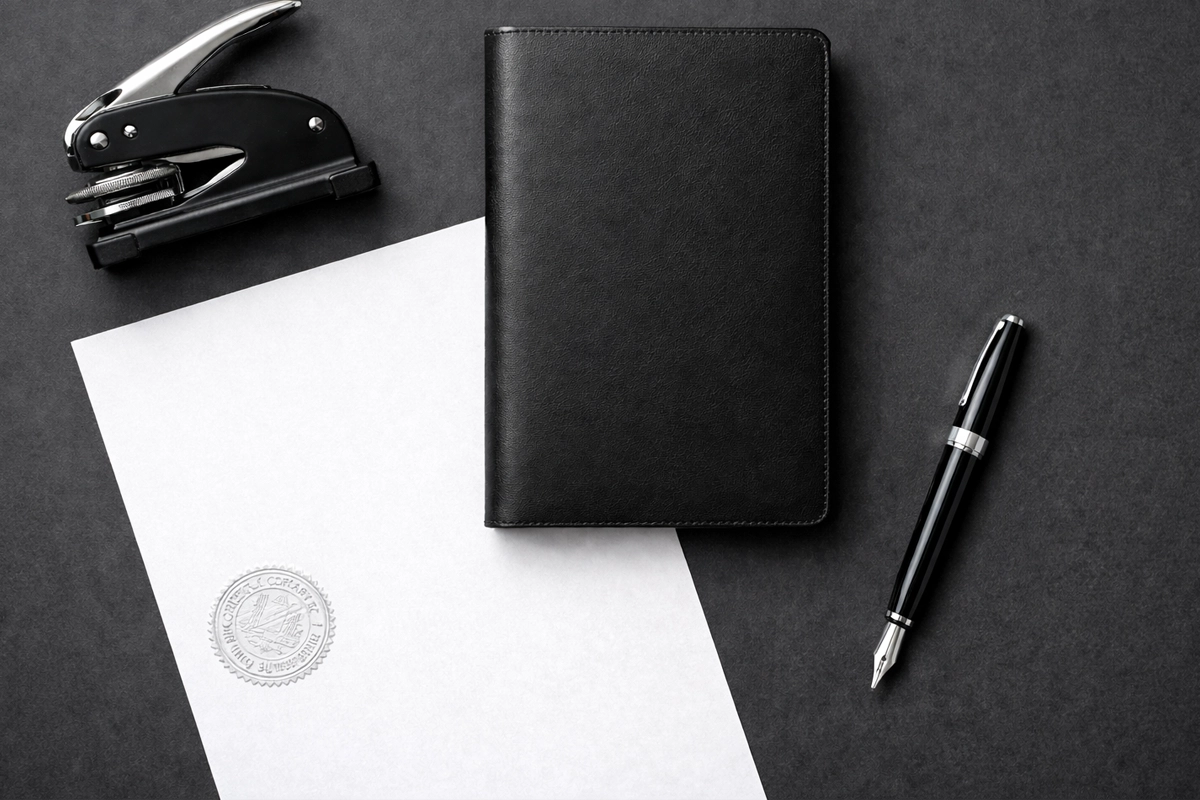 Professional notary services with seal and documents