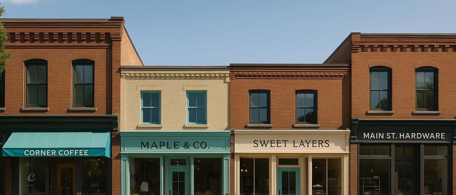 A row of local business storefronts served by Make Your Mark