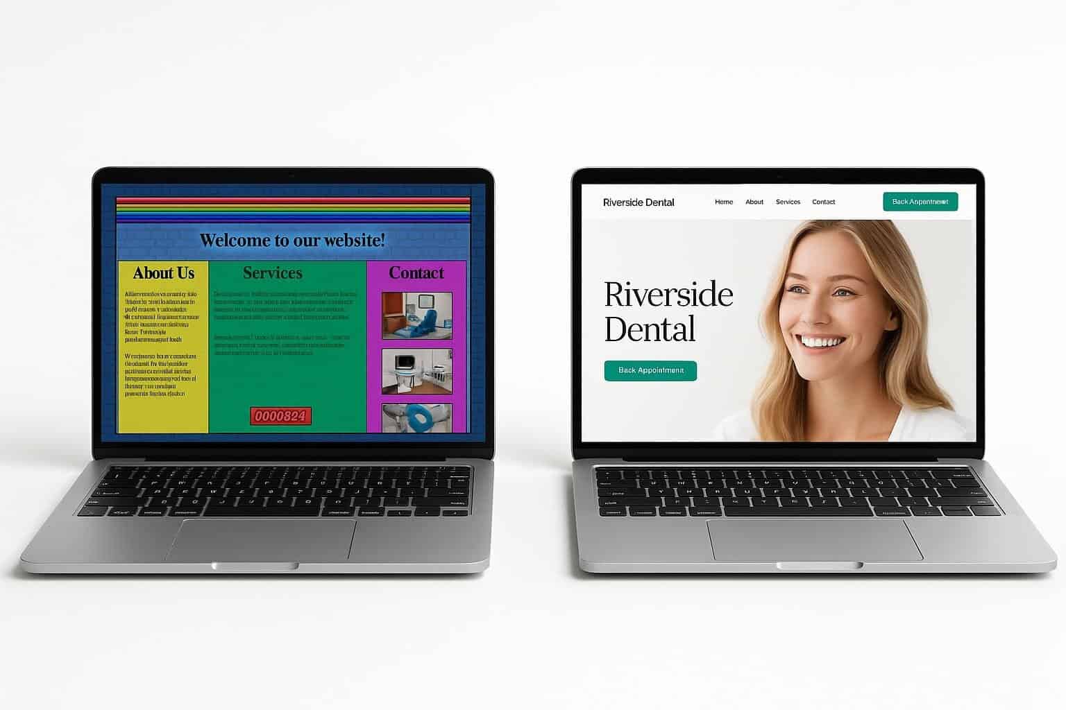 A dated website beside a modern rebuild by Make Your Mark