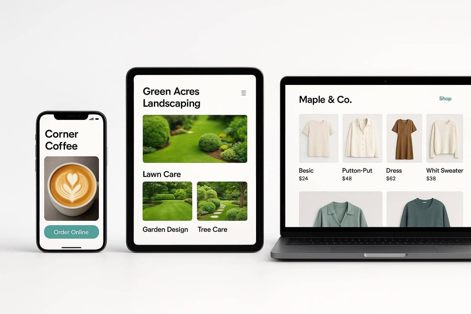 Local business websites shown on phone, tablet, and laptop