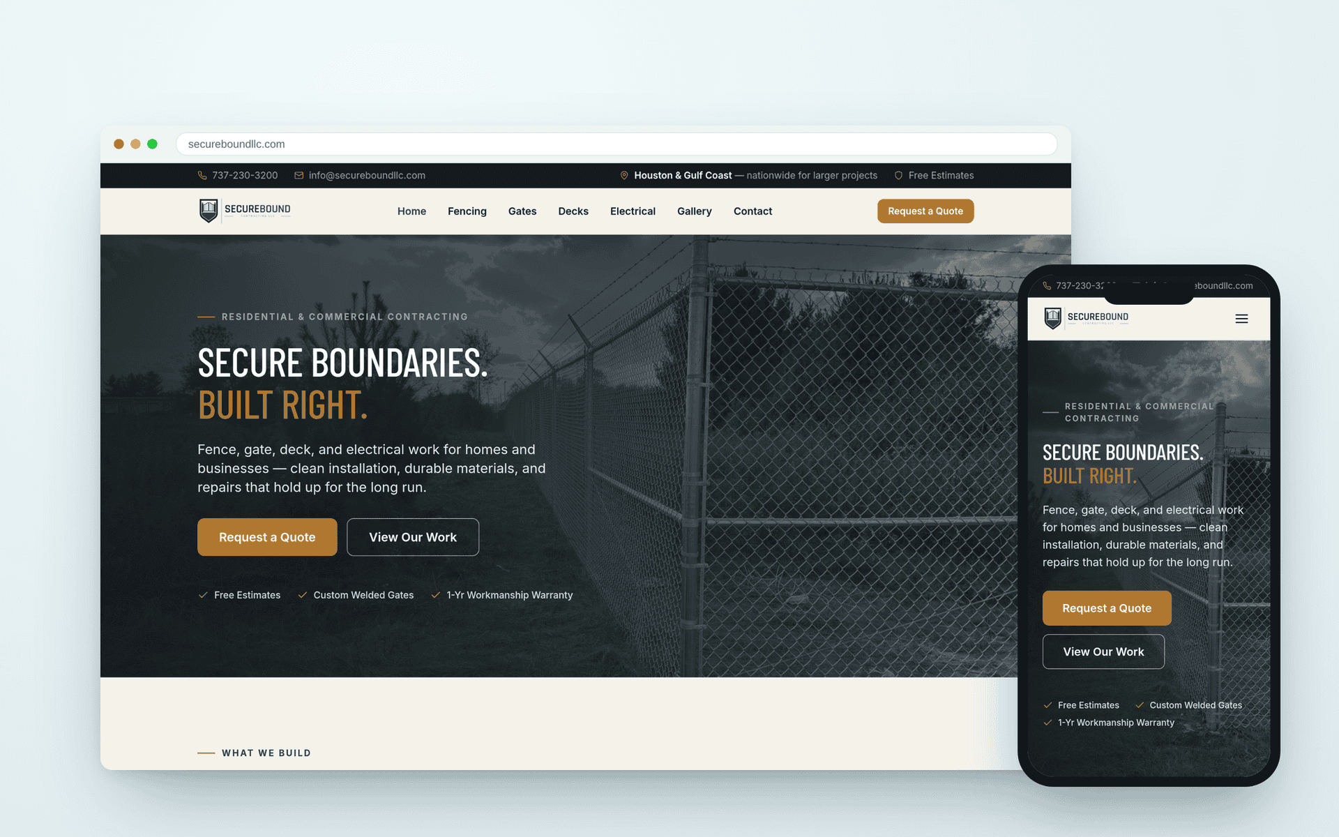 SecureBound Contracting website built by Make Your Mark, shown on desktop and mobile
